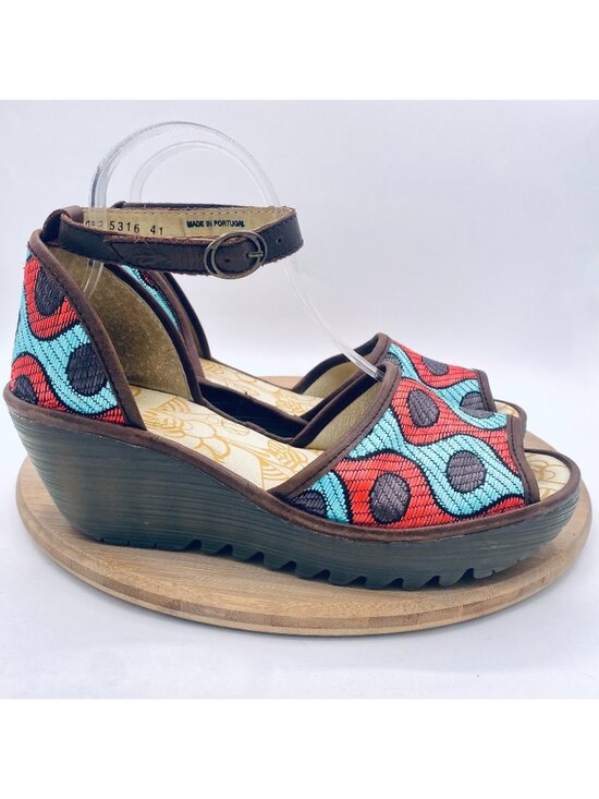 Fly London Shoes - Fly London Sandals Womens 10 41 Multicolor Leather Slingback Yeji Wedge Abstract